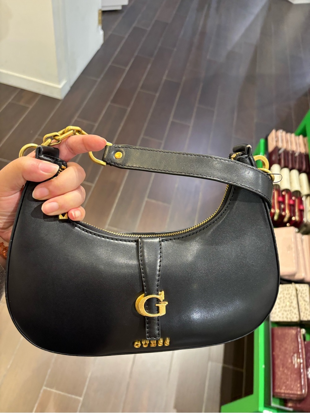 GUESS Black Leather Crescent Shoulder Bag with Gold Hardware